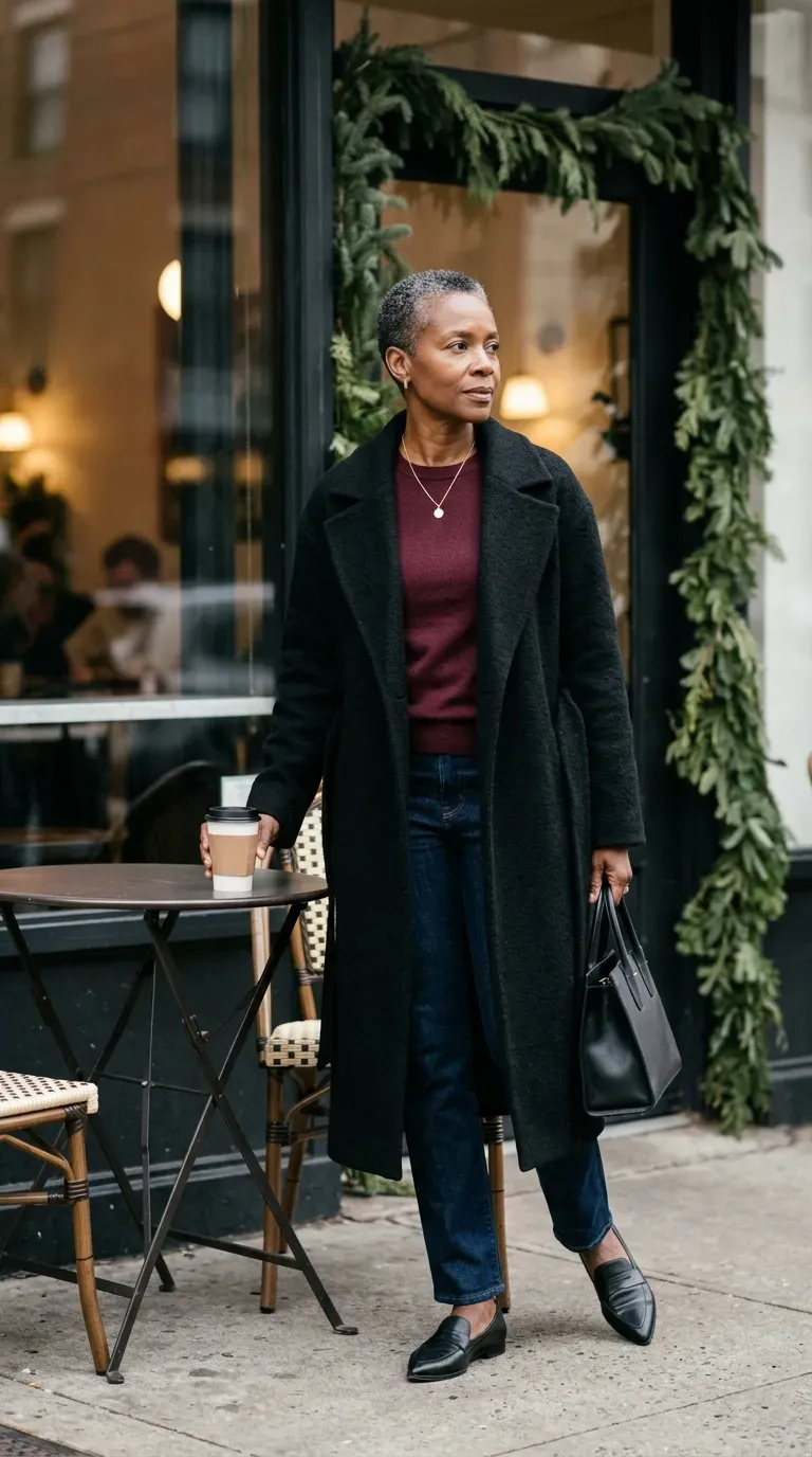 Woman over 50 in black wrap coat, burgundy sweater and straight jeans outside a cafe