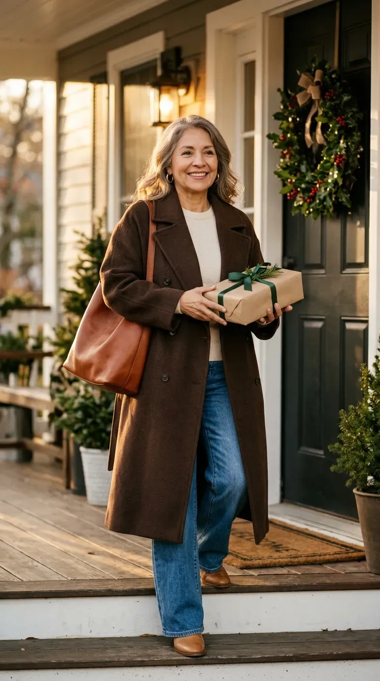 Woman over 50 in black wrap coat, emerald knit and black jeans arriving to meet his family