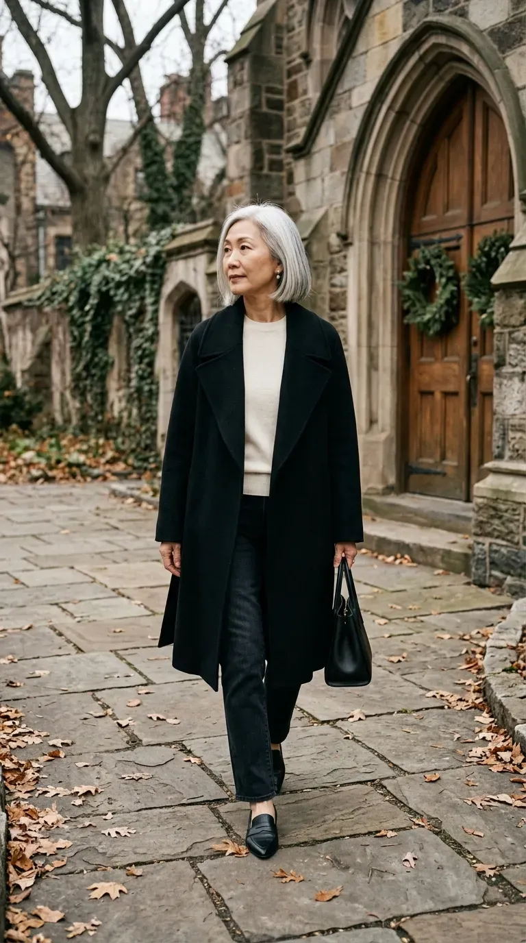 Woman over 50 in black wrap coat, ivory knit and dark jeans on a church path