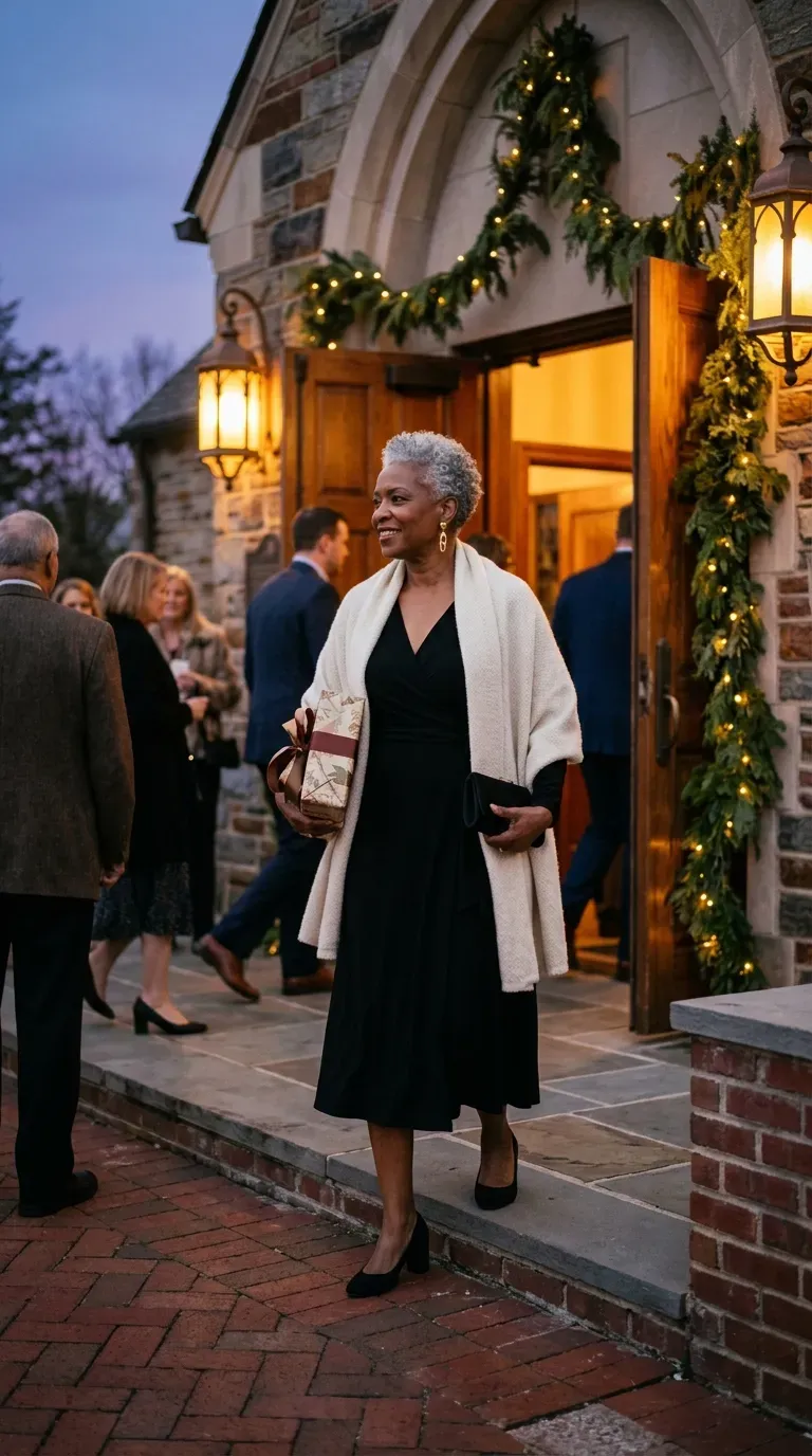 Black woman in black wrap dress and cream wool wrap arriving at an evening church service