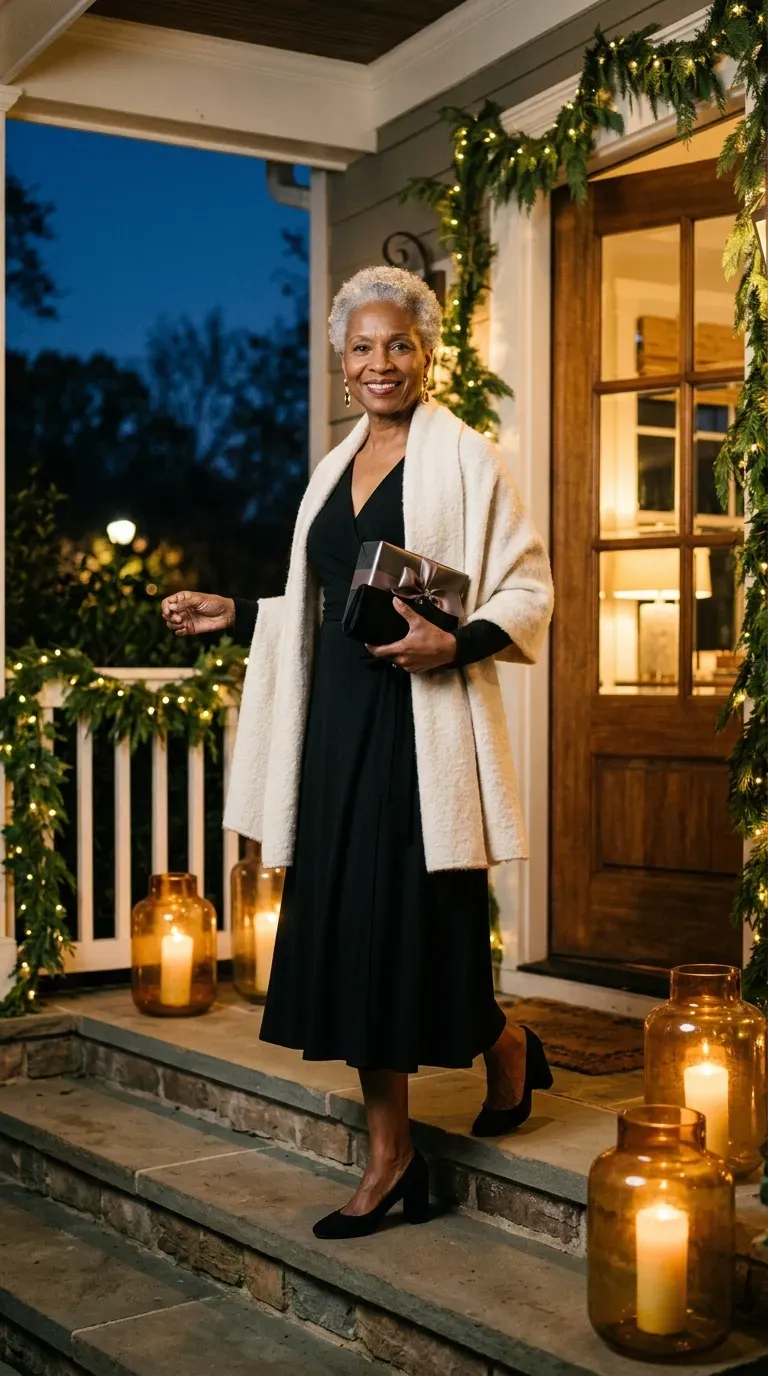 Black woman in a black wrap dress and cream wool wrap arriving at an evening dinner