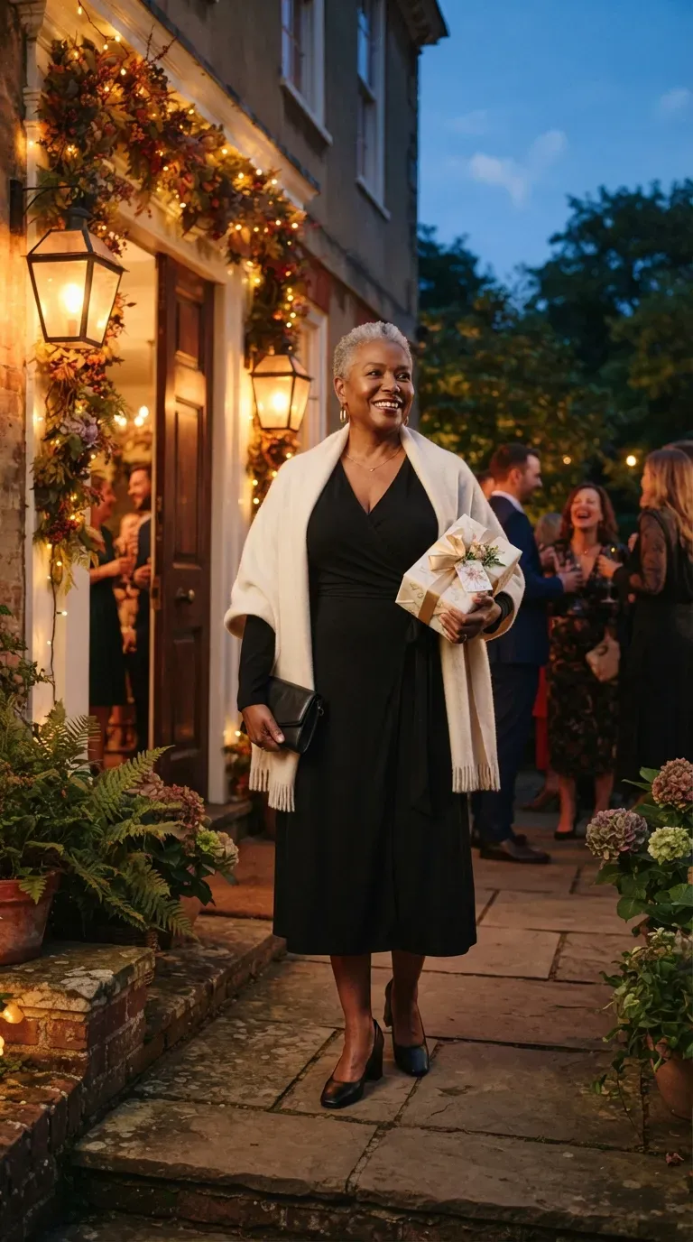 Black plus-size woman in a black wrap dress and cream wool wrap arriving at an evening party