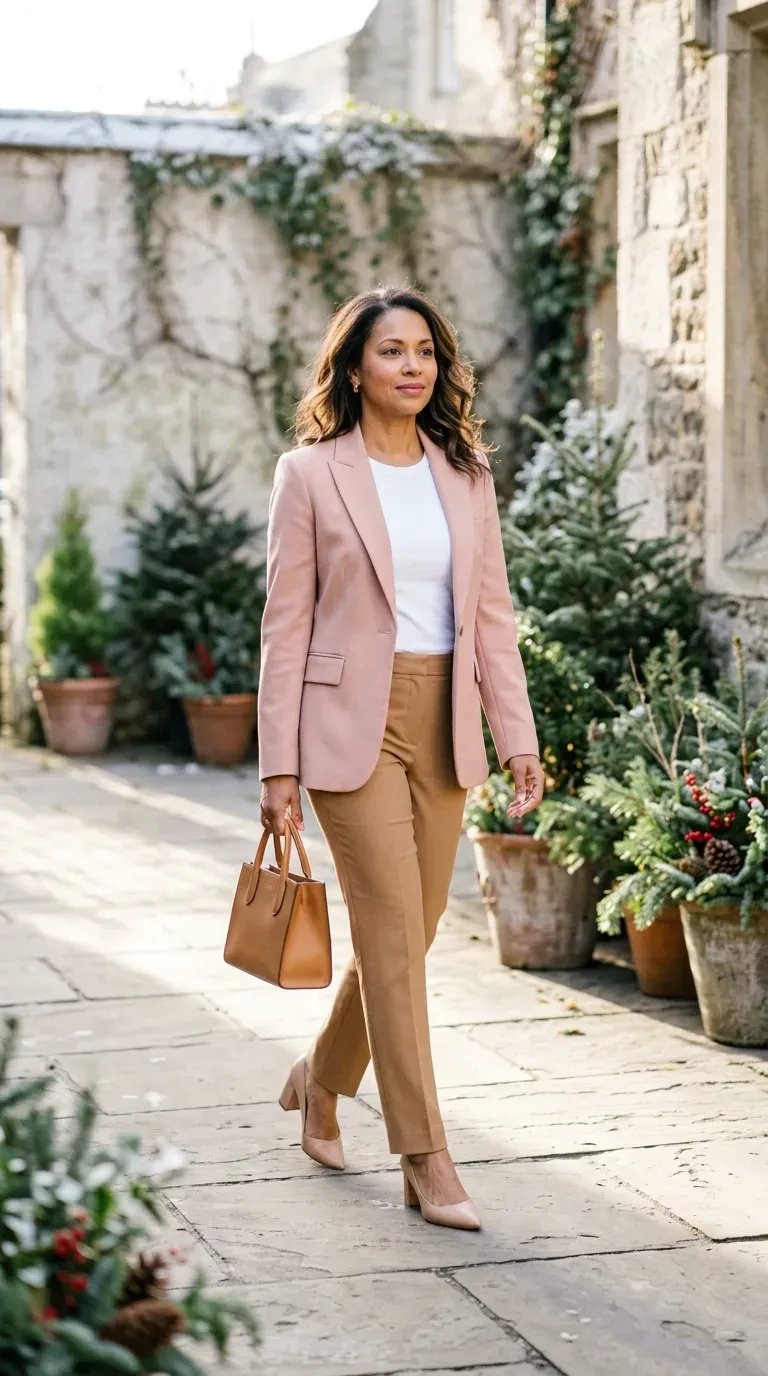 Woman over 40 in blush blazer and camel trousers at a bright Christmas lunch