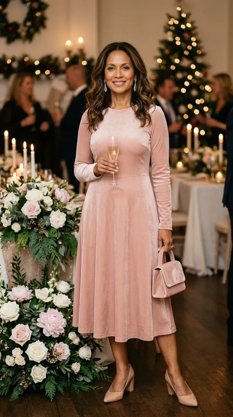 Woman over 50 in blush pink velvet A-line midi dress and nude block heels at a Christmas celebration