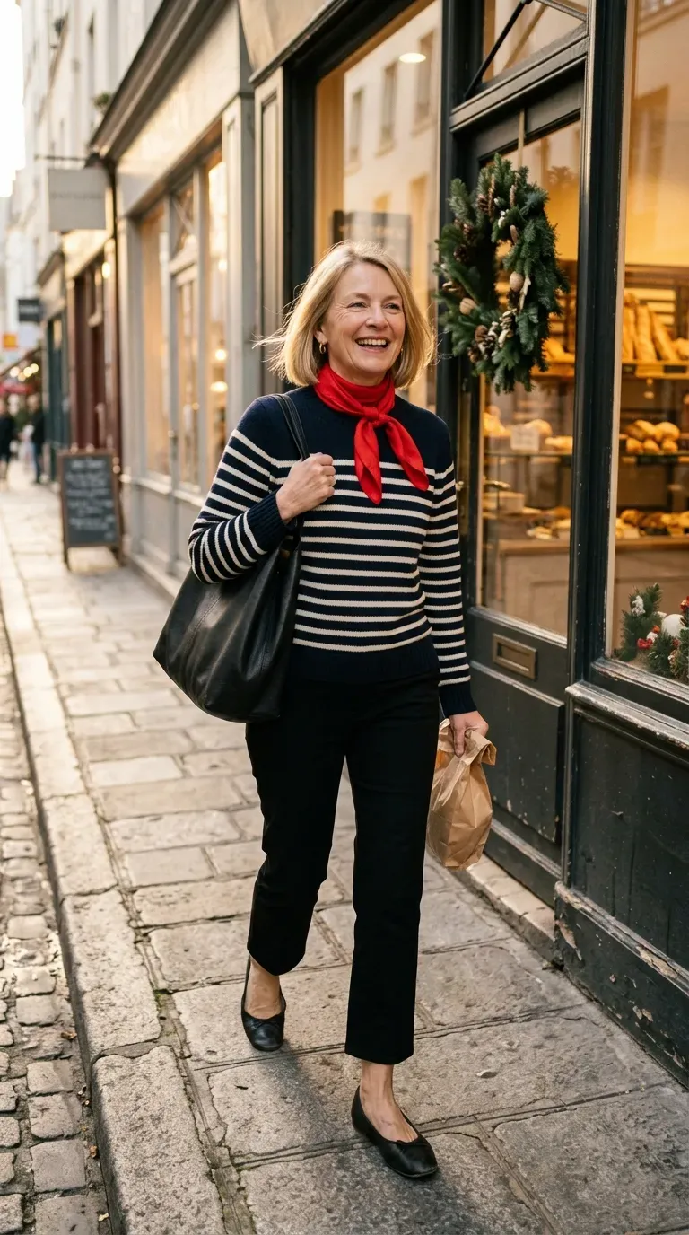 Woman over 50 in striped knit, black cropped trousers and ballet flats walking past a bakery