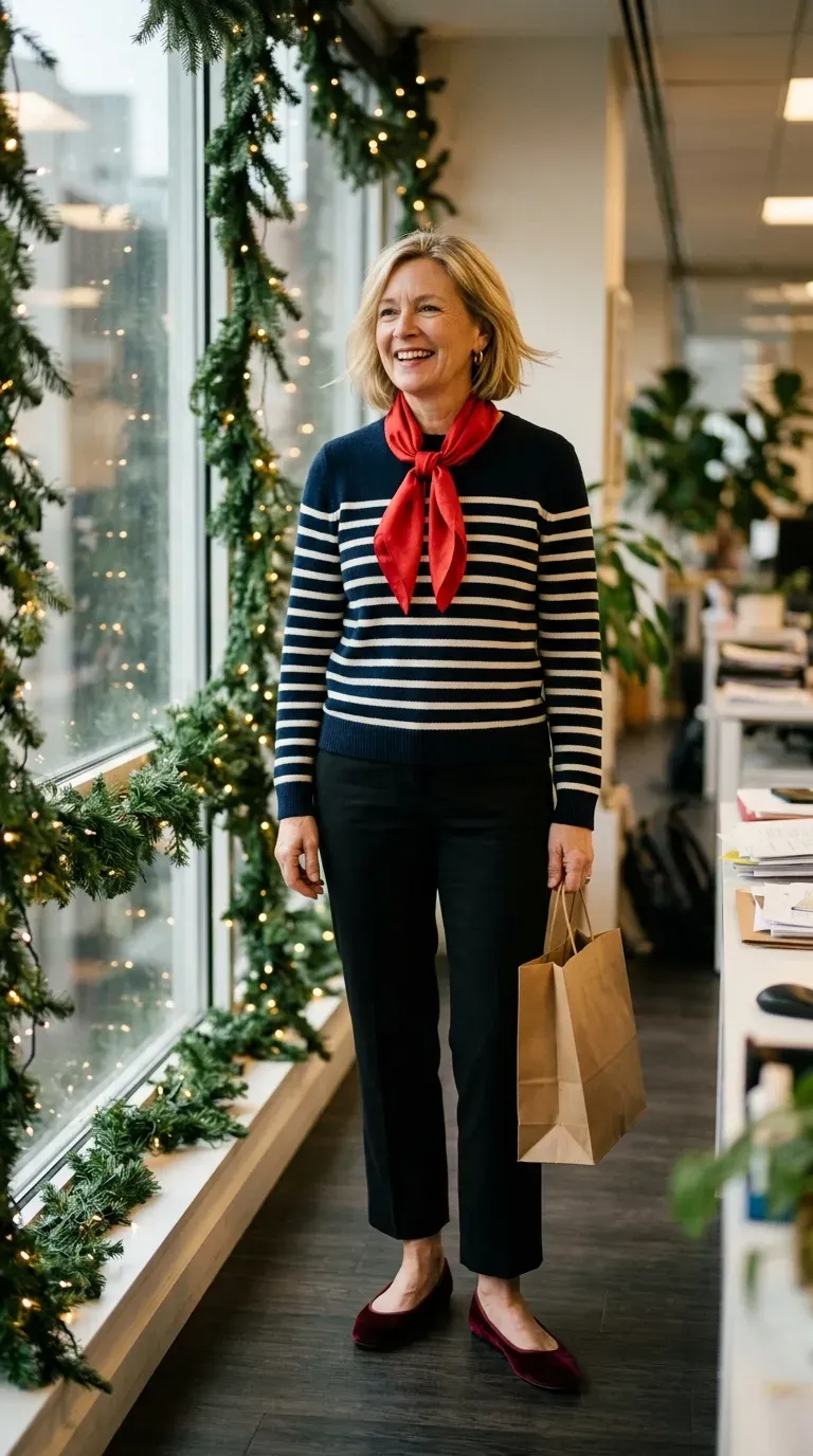 Woman over 50 in striped knit, black cropped trousers and velvet flats at a work party