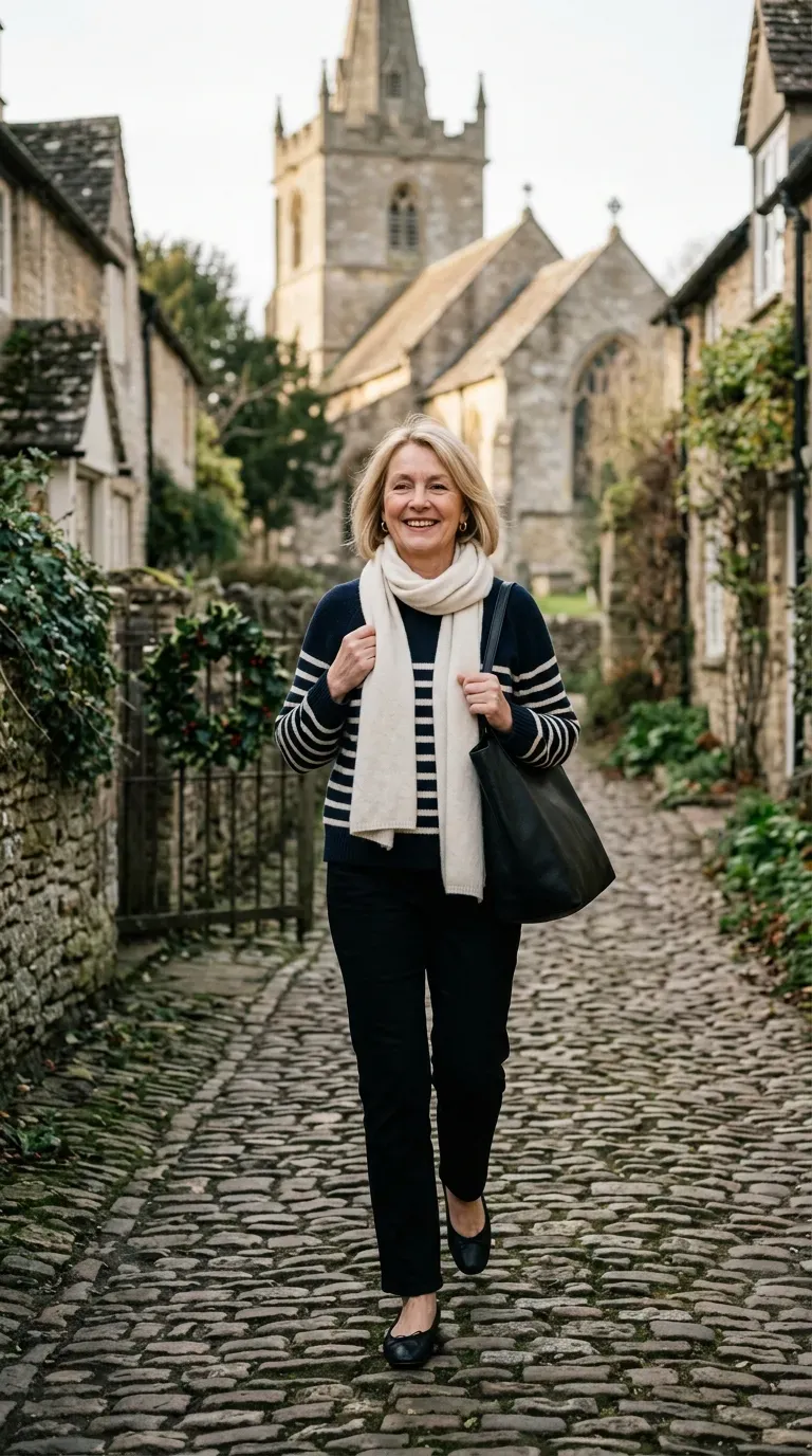 Woman over 50 in striped knit, black trousers and ballet flats on a church lane