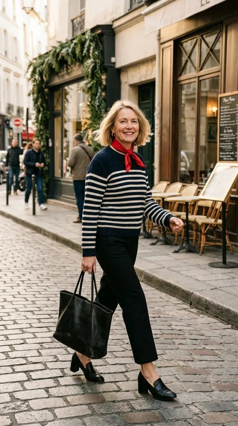 Woman over 50 in striped sweater, black cropped trousers and heeled loafers near a restaurant