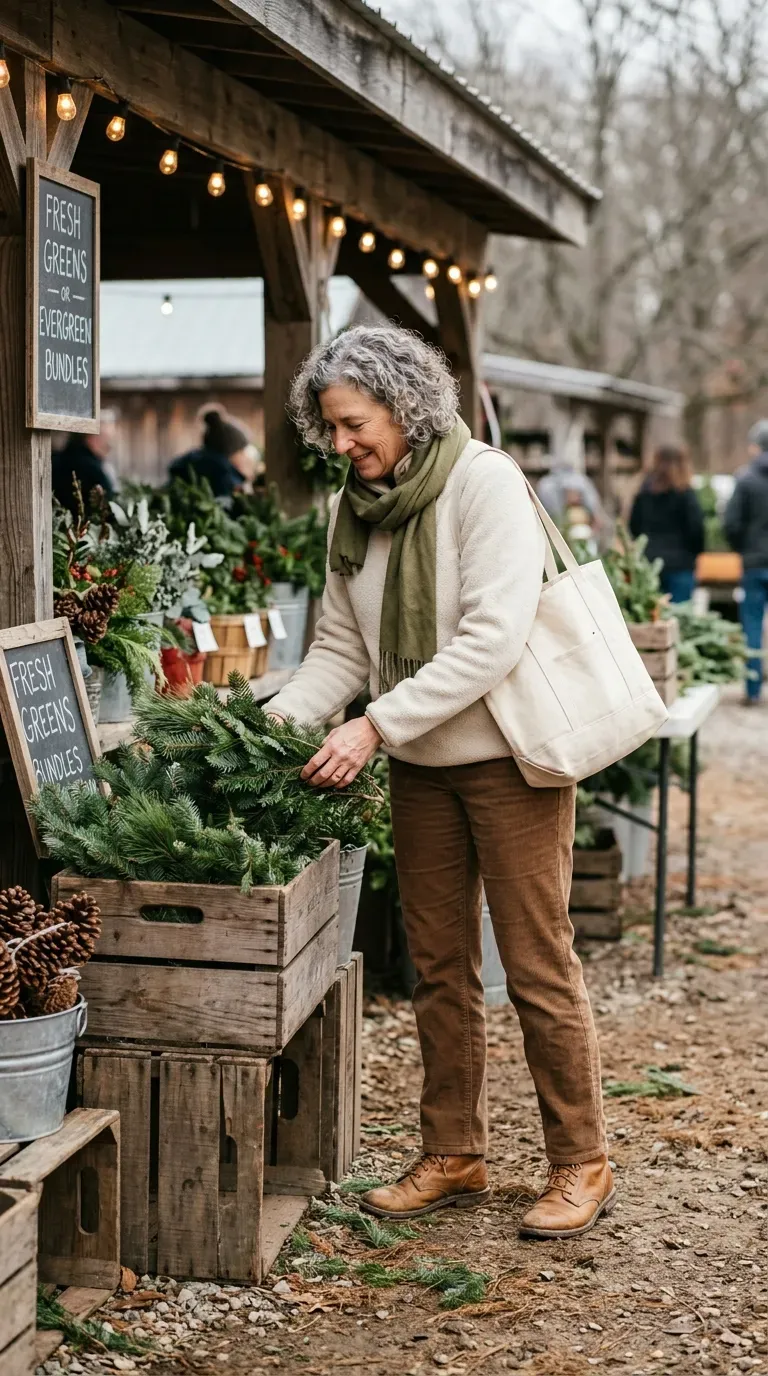 Woman over 50 in brown corduroy trousers and cream fleece pullover at a farm stand
