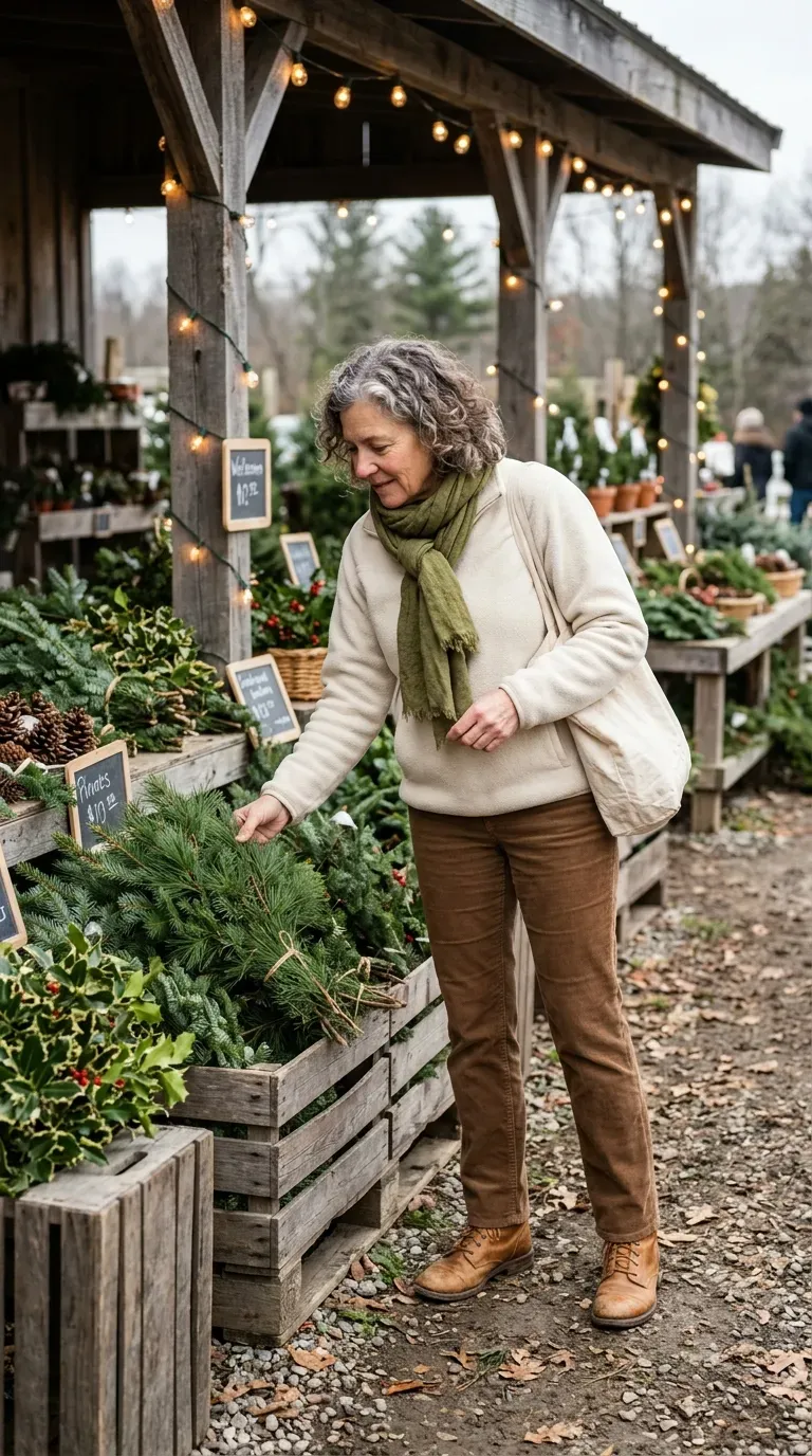 Woman over 50 in brown corduroy trousers and cream fleece pullover at a farm stand