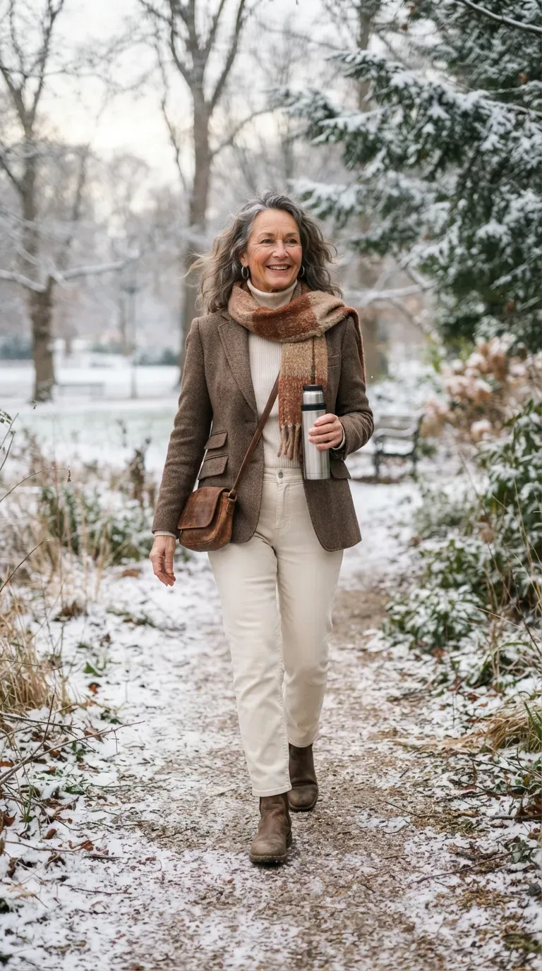 Woman over 50 wearing a brown herringbone blazer and cream jeans on a snowy park path