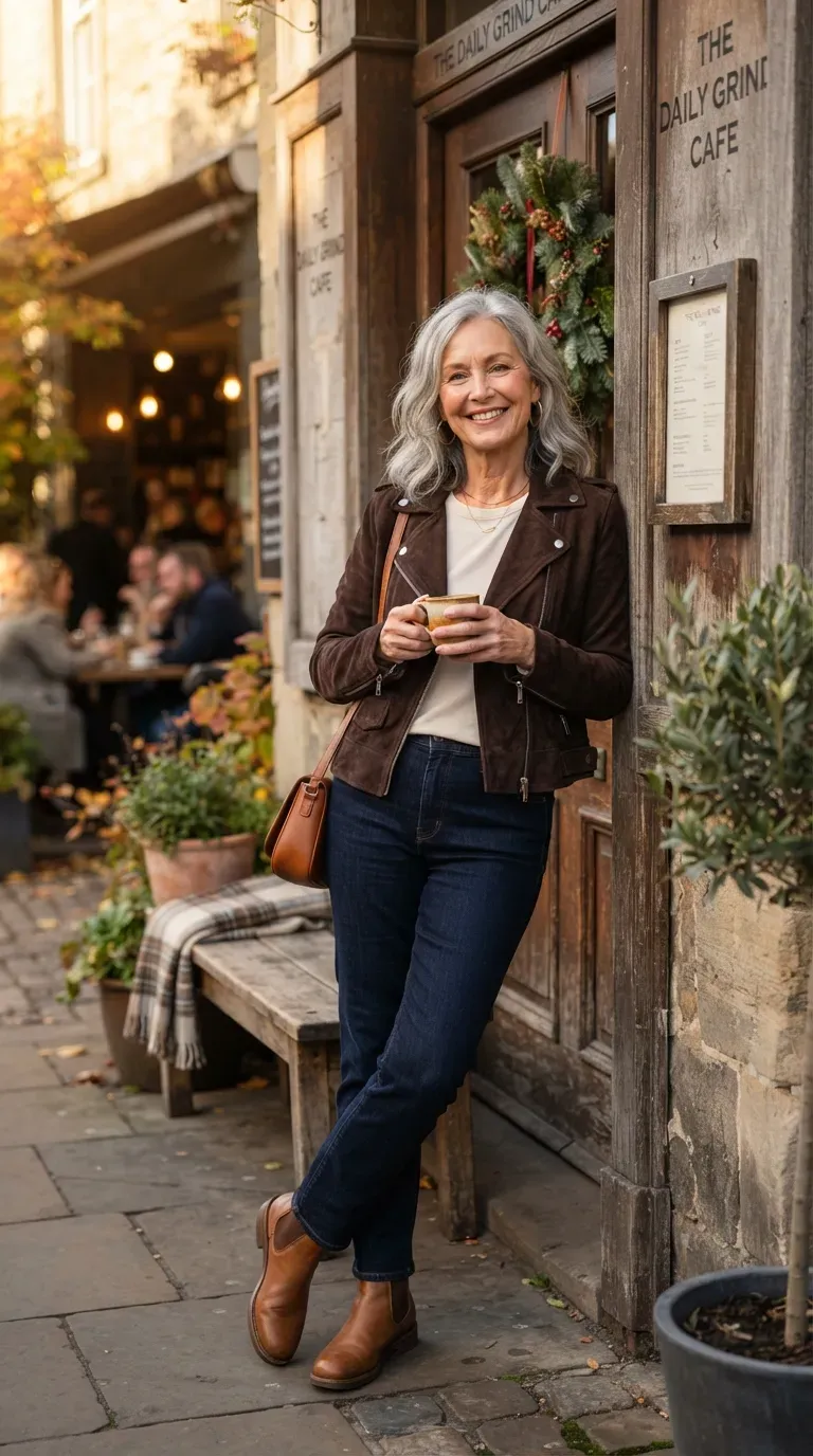 Woman over 50 in brown suede jacket, cream tee and straight jeans at a cafe doorway