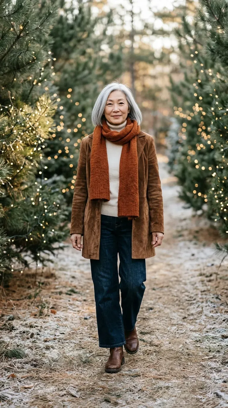 Woman in brown suede jacket, cream turtleneck and wide-leg jeans on a pine-lined path