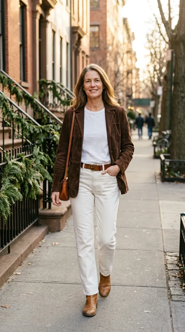 Woman over 50 in brown suede jacket, white tee and ivory jeans on a sunny winter street
