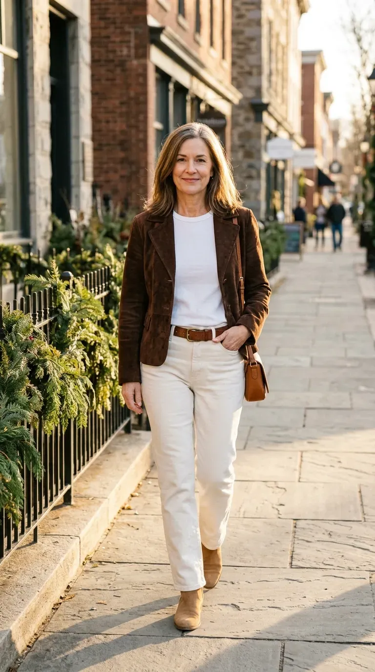 Woman over 50 in brown suede jacket, white tee and ivory jeans on a sunny winter street
