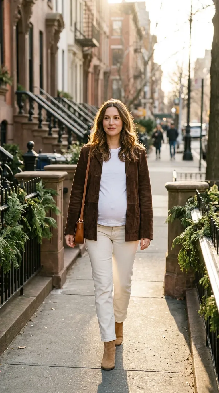 Pregnant woman in brown suede jacket, white tee and ivory jeans on a sunny winter street
