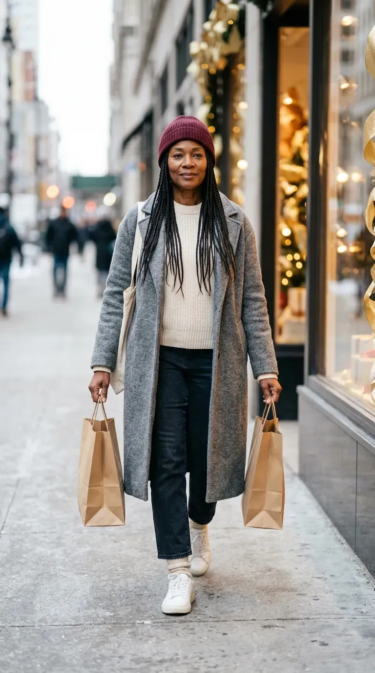 Woman in gray wool coat, burgundy beanie and dark jeans shopping at Christmas
