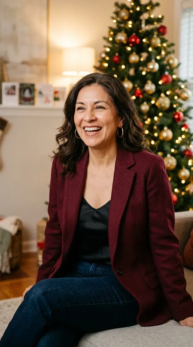 Woman over 50 in burgundy blazer, black satin camisole and dark jeans at a holiday gathering
