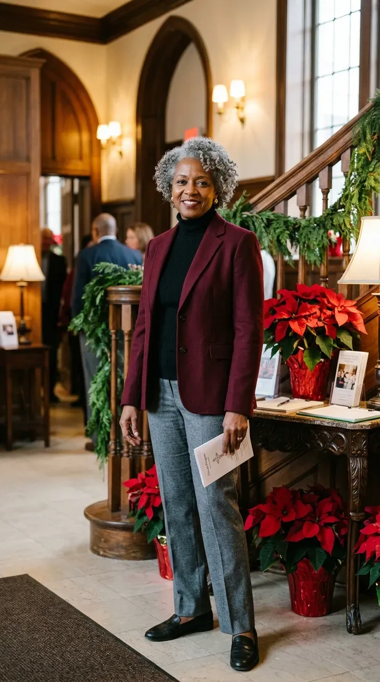 Black woman in burgundy blazer, black turtleneck and gray trousers in a decorated church foyer
