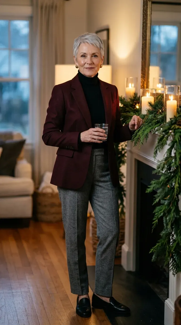 Woman in a burgundy blazer, black turtleneck and gray trousers by a decorated mantel