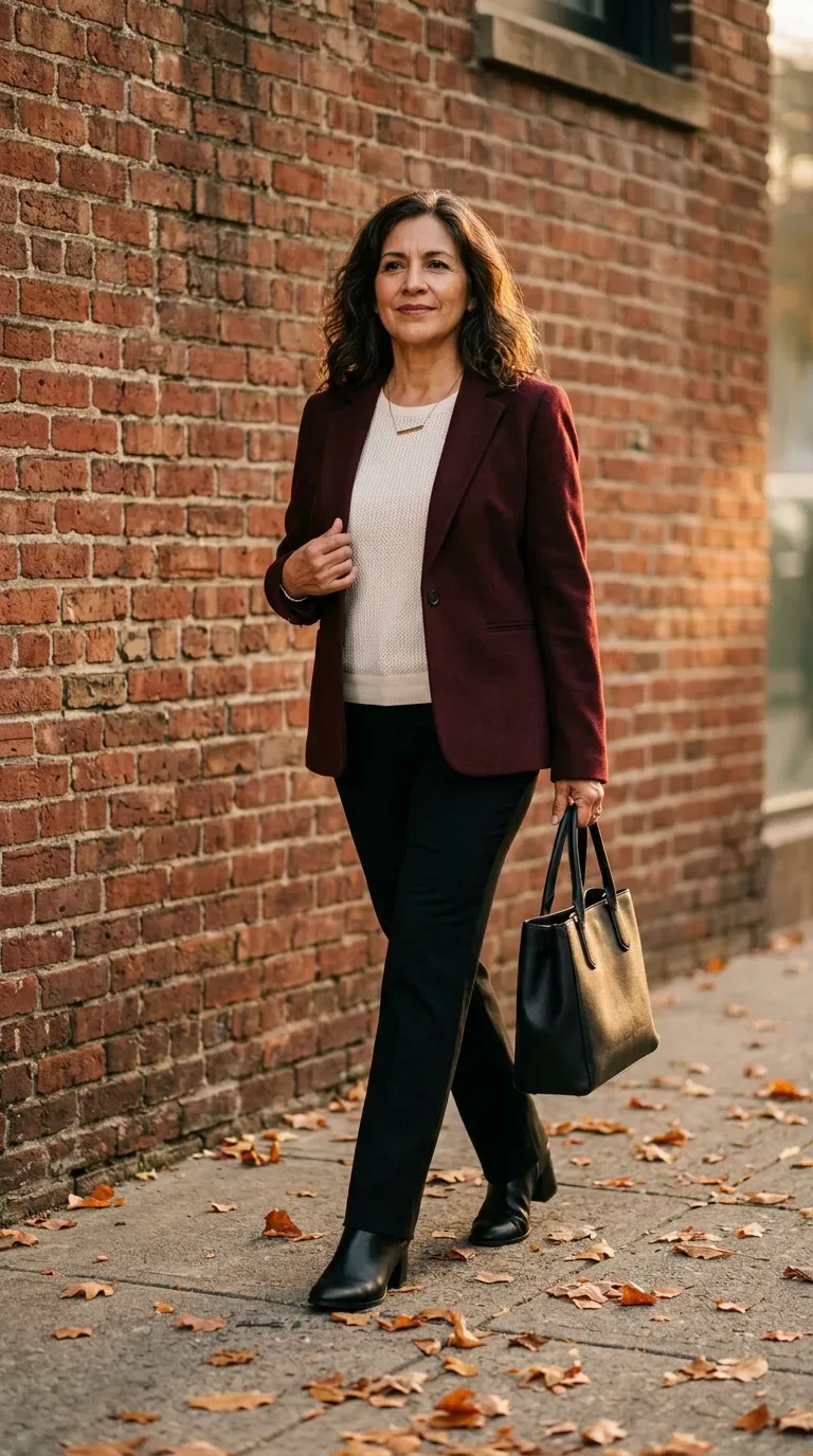 Woman over 50 in burgundy blazer, cream knit and black trousers walking past a brick wall