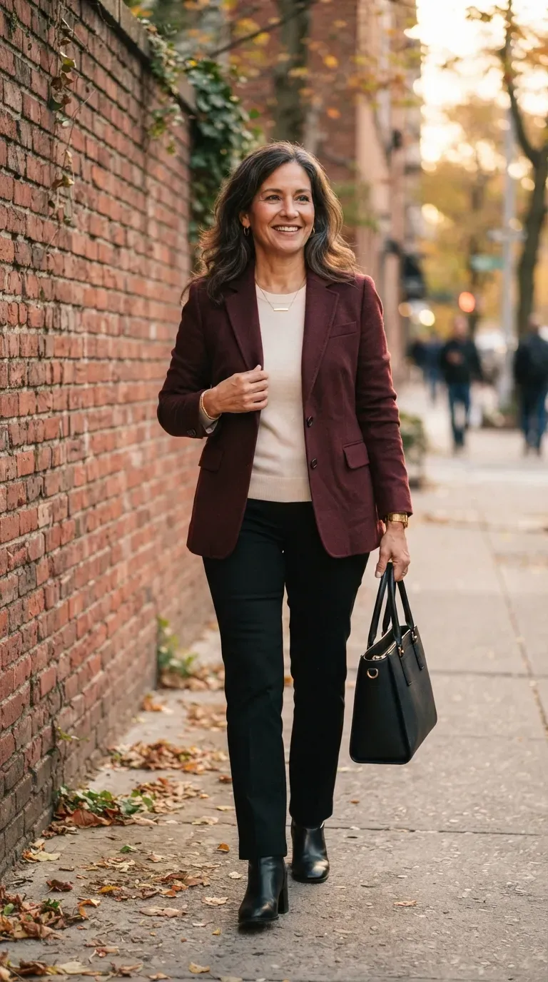 Woman over 50 in burgundy blazer, cream knit and black trousers walking past a brick wall