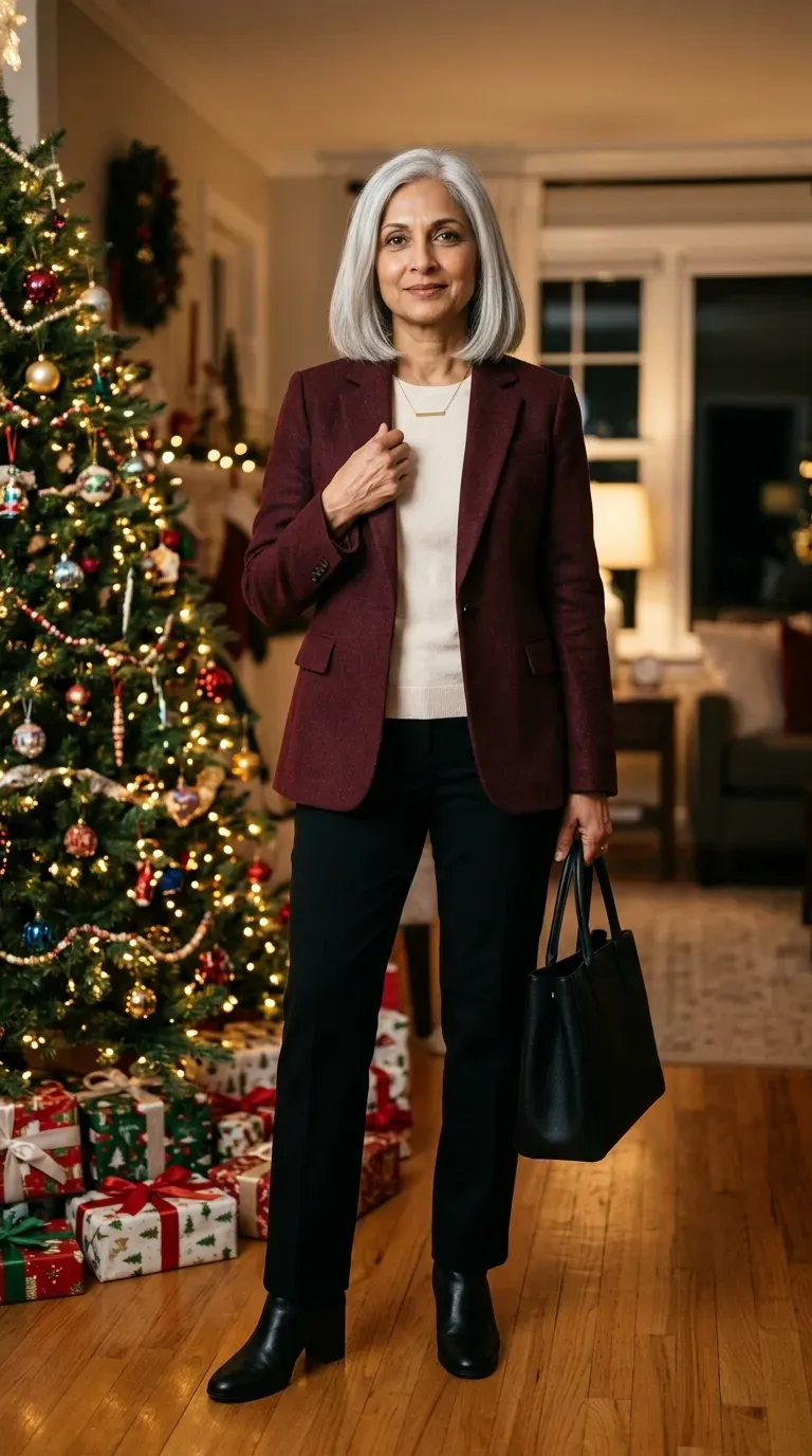Woman over 50 in burgundy blazer, cream knit and black trousers by a Christmas tree