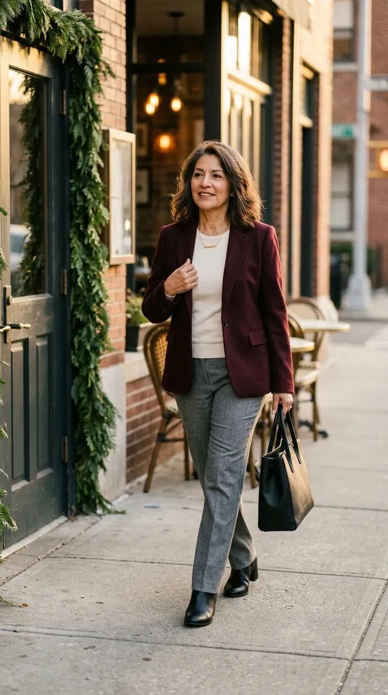 Woman over 50 in burgundy blazer, cream knit and gray trousers at a lunch table