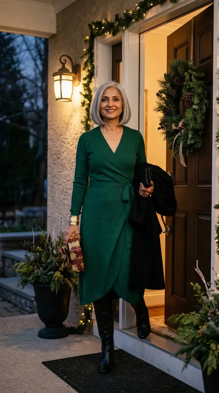 Woman over 50 in burgundy blazer, cream knit shell and black trousers by a brick wall