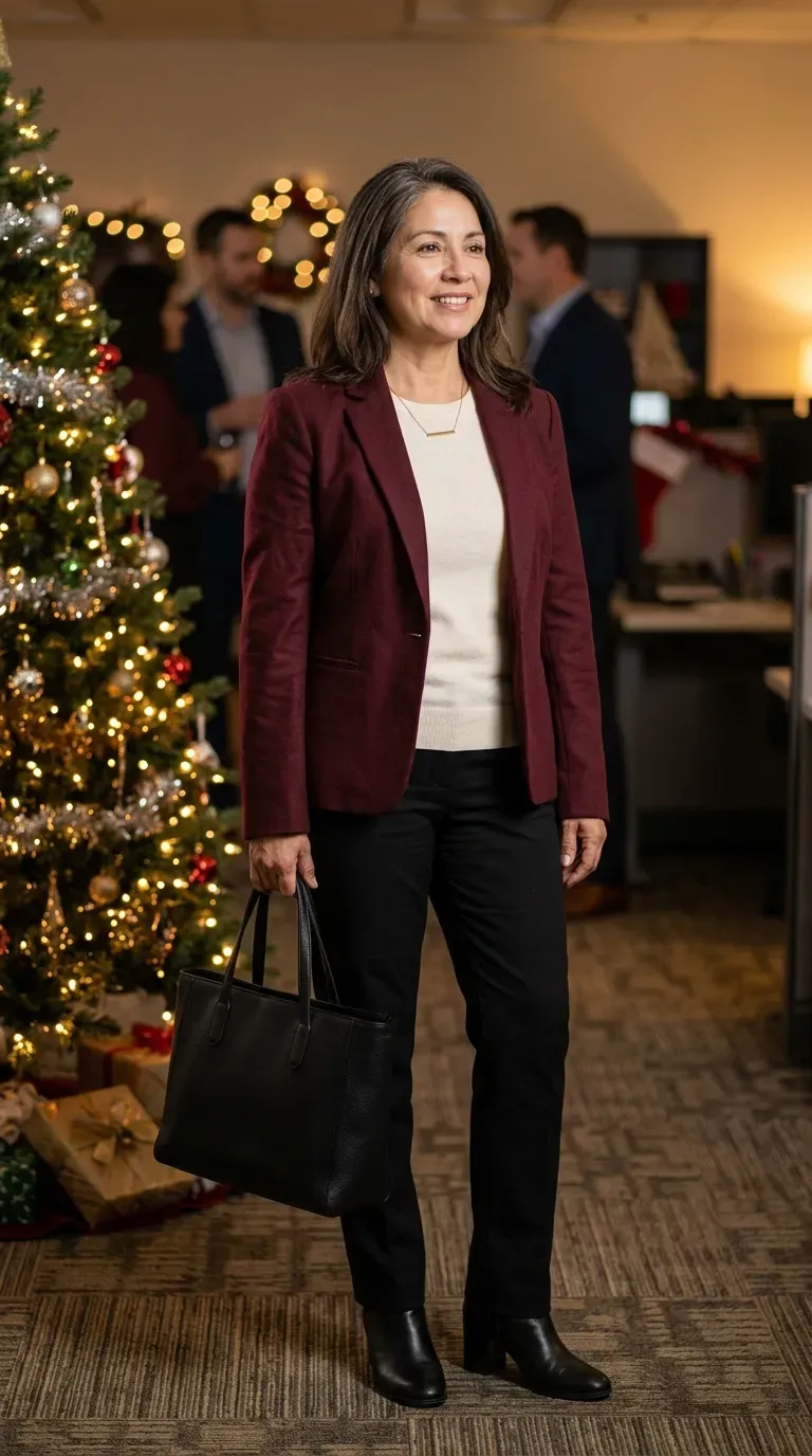 Woman over 50 in burgundy blazer, cream knit and black trousers at an office party