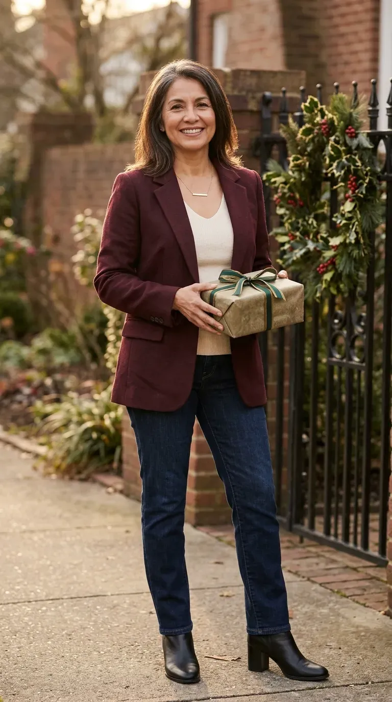 Woman over 50 in burgundy blazer, cream knit and dark jeans meeting his family at Christmas