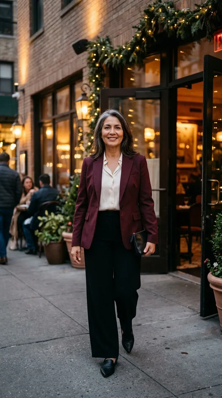 Woman over 50 in burgundy blazer, cream blouse and wide-leg trousers at a date dinner