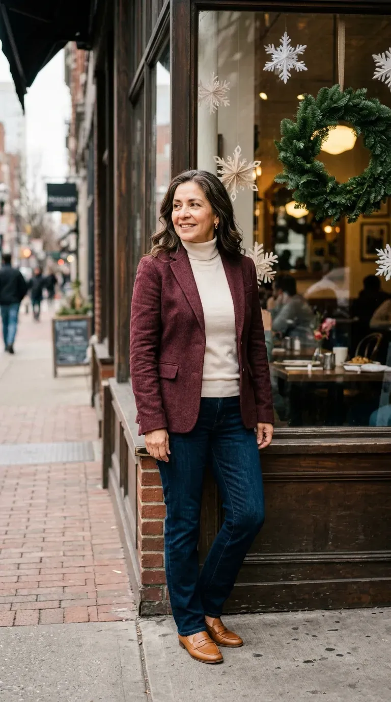 Woman over 50 in burgundy blazer, cream turtleneck and dark jeans by a decorated cafe window