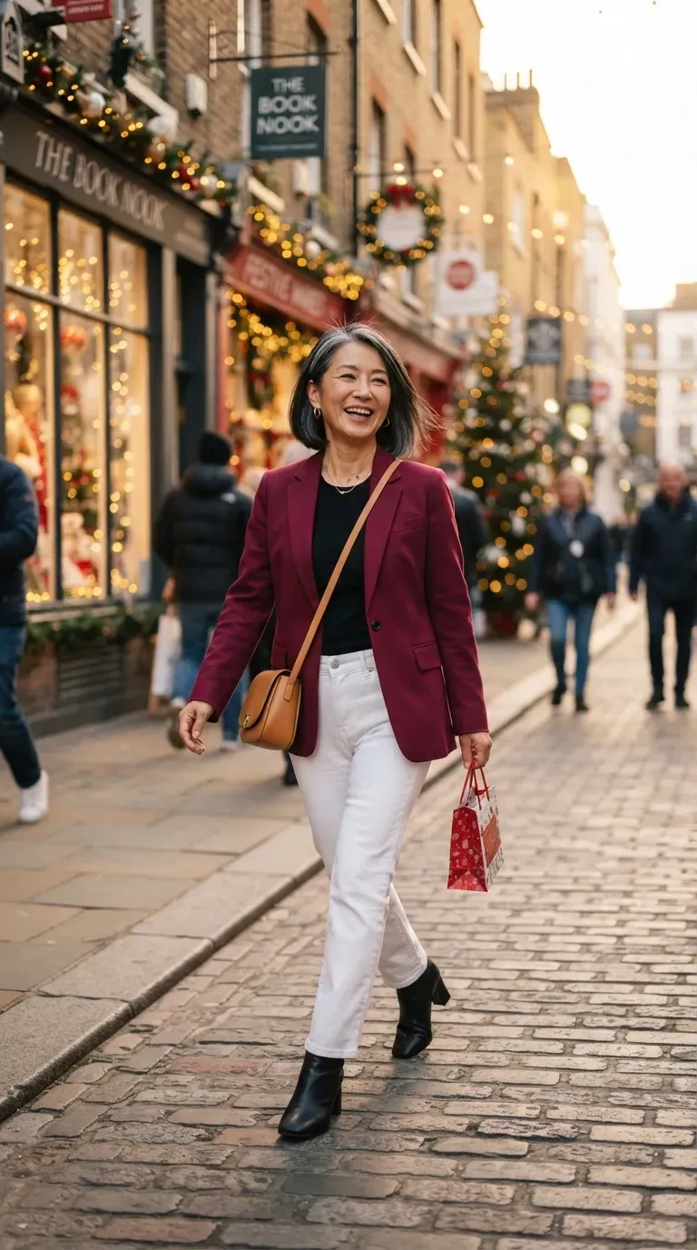 Woman over 50 in a burgundy blazer and white jeans carrying a gift bag on a lit-up street