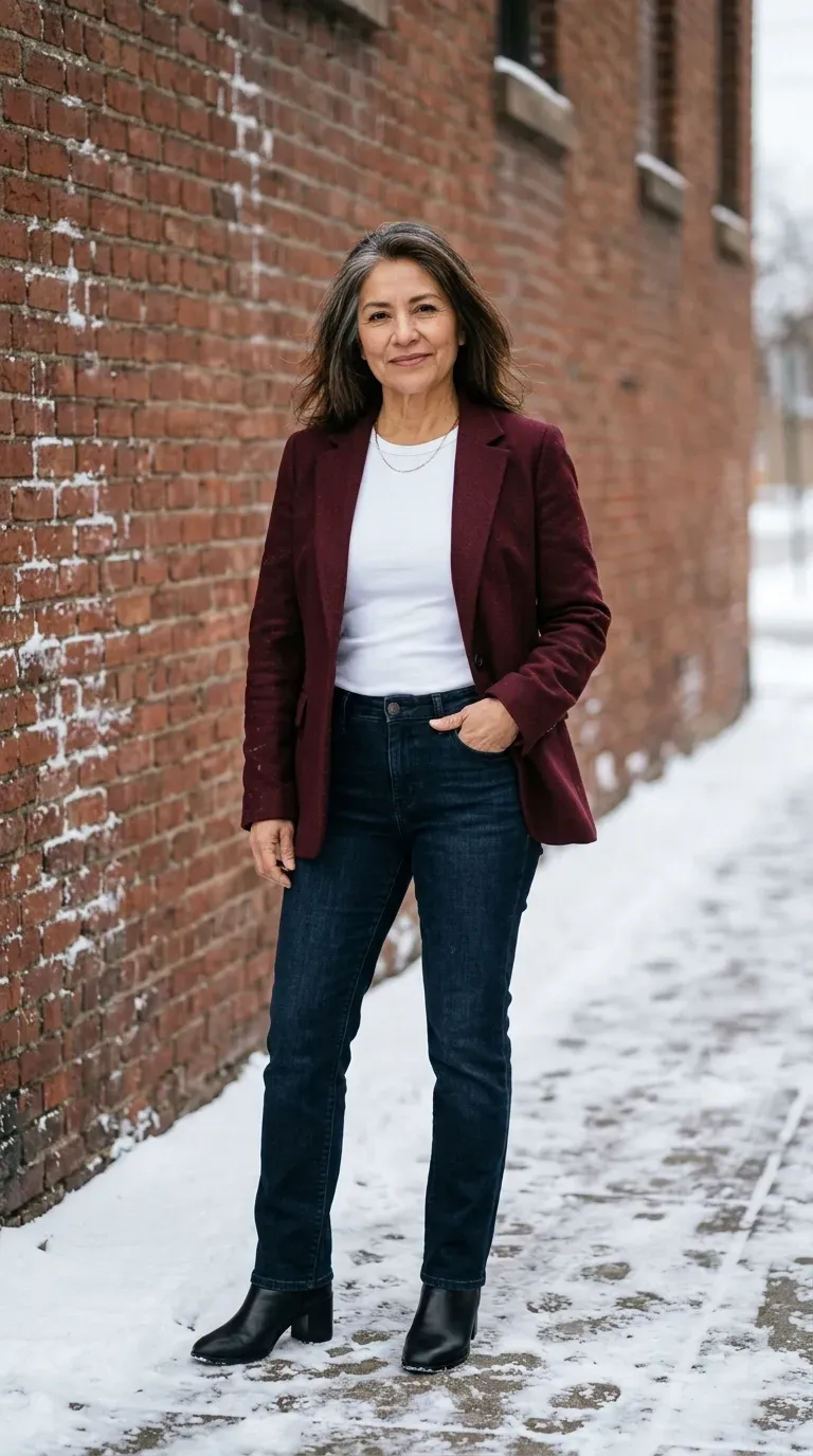 Woman over 50 in burgundy blazer, white tee and dark jeans for a Christmas card photo
