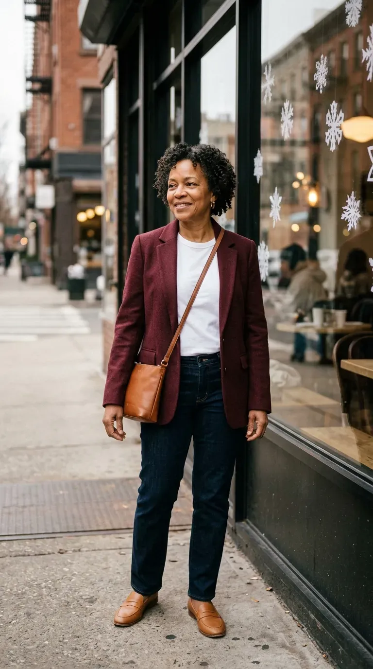 Woman over 50 in burgundy blazer, white tee and dark jeans outside a cafe window