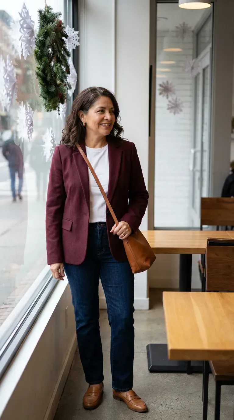 Woman over 50 in burgundy blazer, white tee and dark jeans outside a cafe window