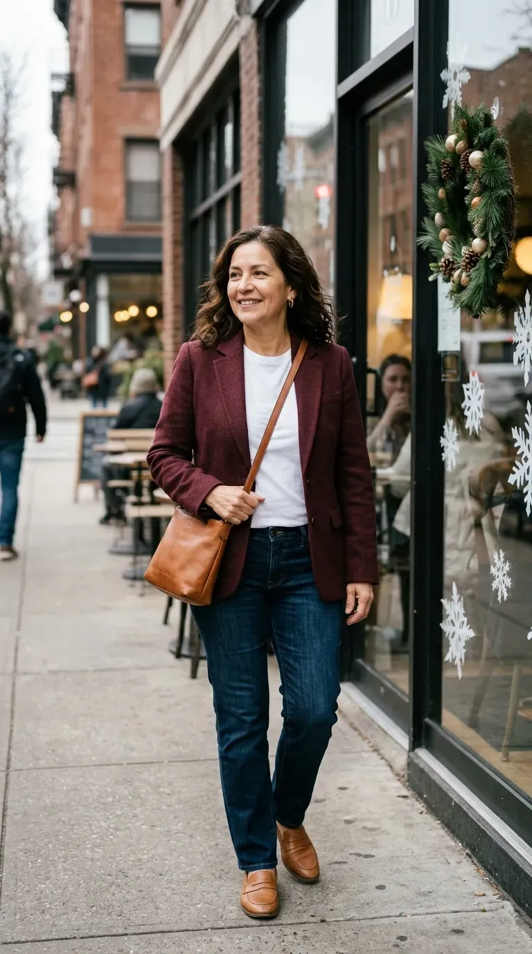 Woman over 50 in burgundy blazer, white tee and dark jeans outside a cafe window