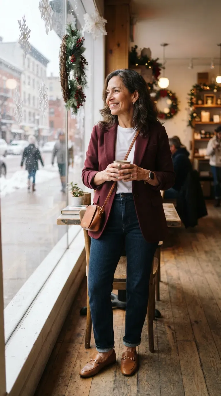 Petite woman over 50 in burgundy blazer, white tee and dark jeans outside a cafe window