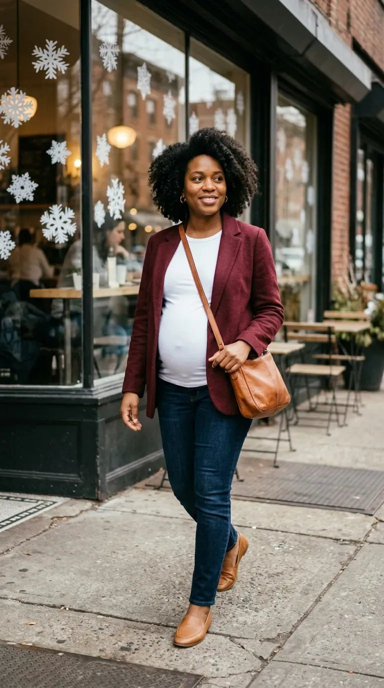 Pregnant woman in burgundy blazer, white tee and dark maternity jeans outside a cafe window