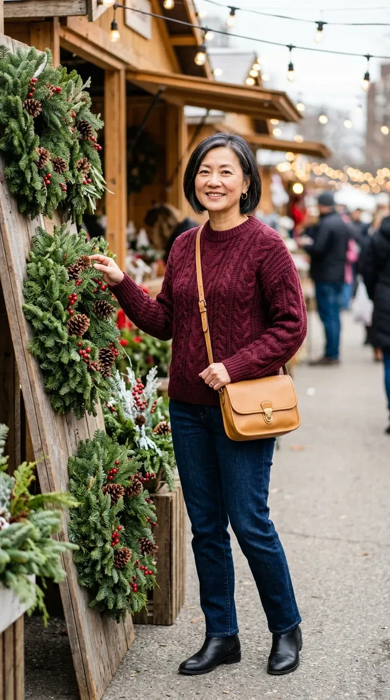 Woman over 50 in burgundy cable sweater and dark jeans at a sunny holiday market