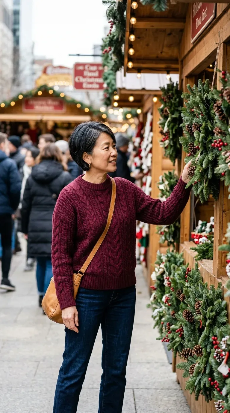 Woman over 50 in burgundy cable sweater and straight jeans at a sunny holiday market