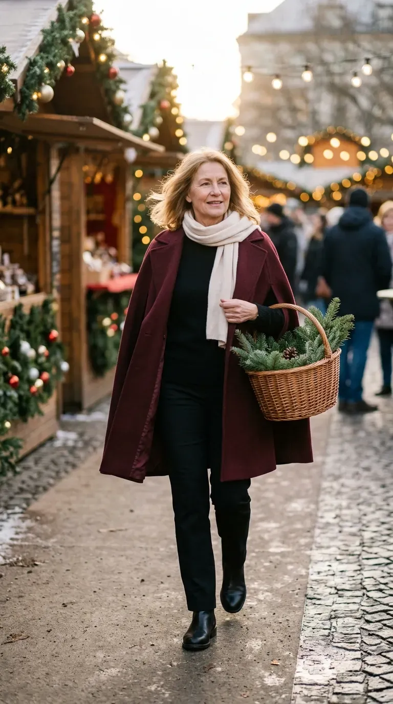 Woman over 50 in burgundy wool cape coat and black trousers walking through a Christmas market