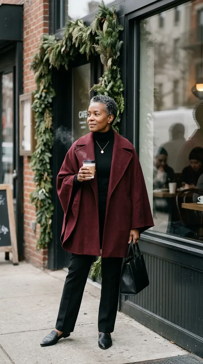 Woman over 50 in burgundy wool cape coat and black trousers outside a cafe