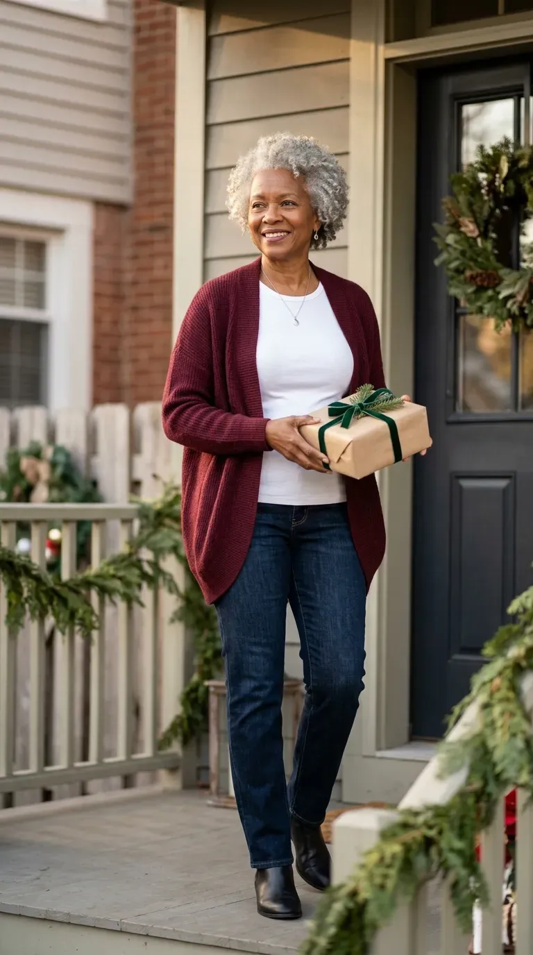 Woman over 50 in burgundy cardigan, white tee and dark jeans meeting his family at Christmas