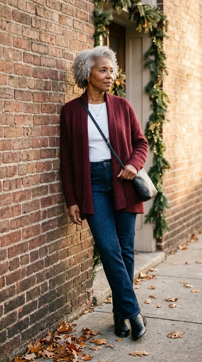 Woman over 50 in burgundy cardigan, white tee and straight jeans leaning on a brick wall