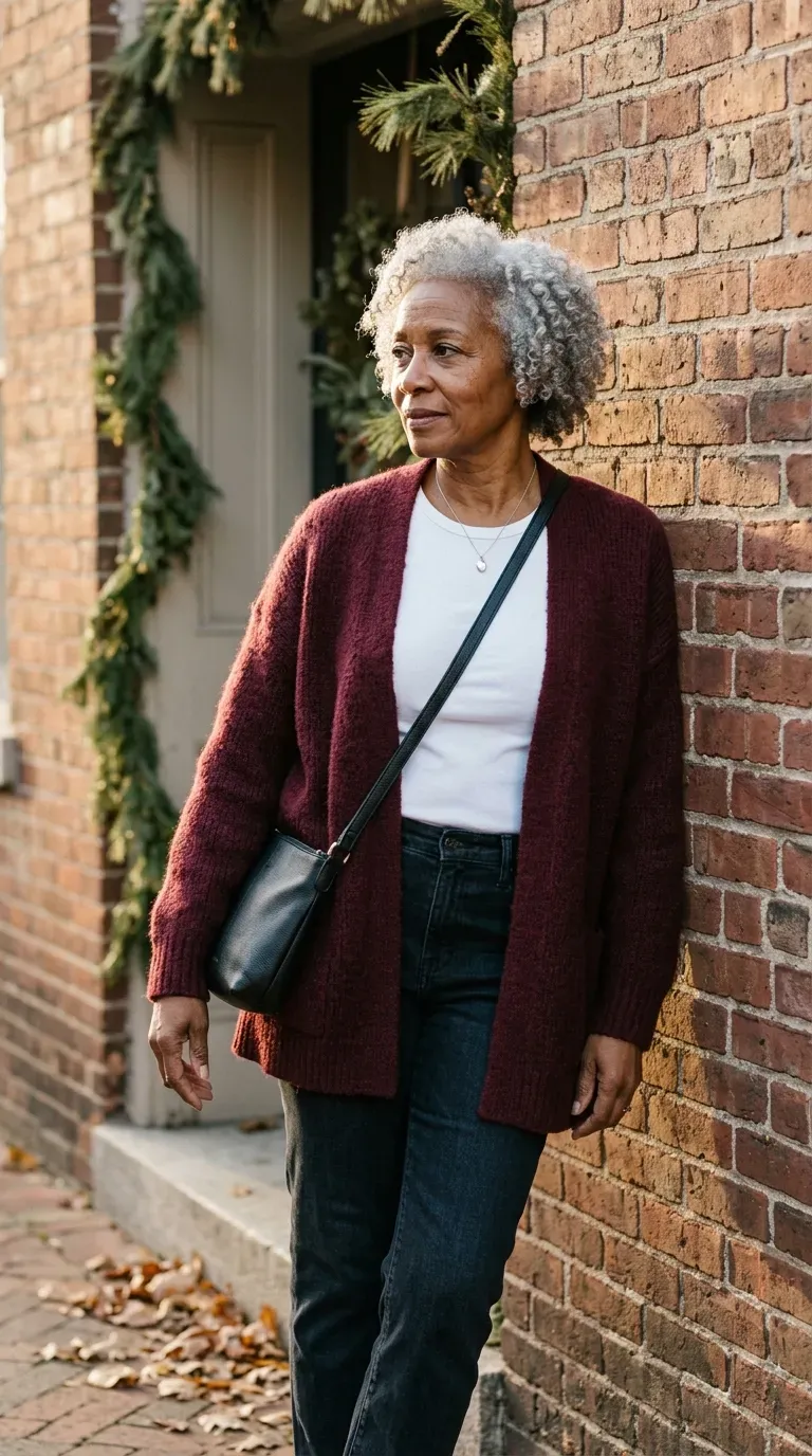 Woman over 50 in burgundy cardigan, white tee and straight jeans leaning on a brick wall