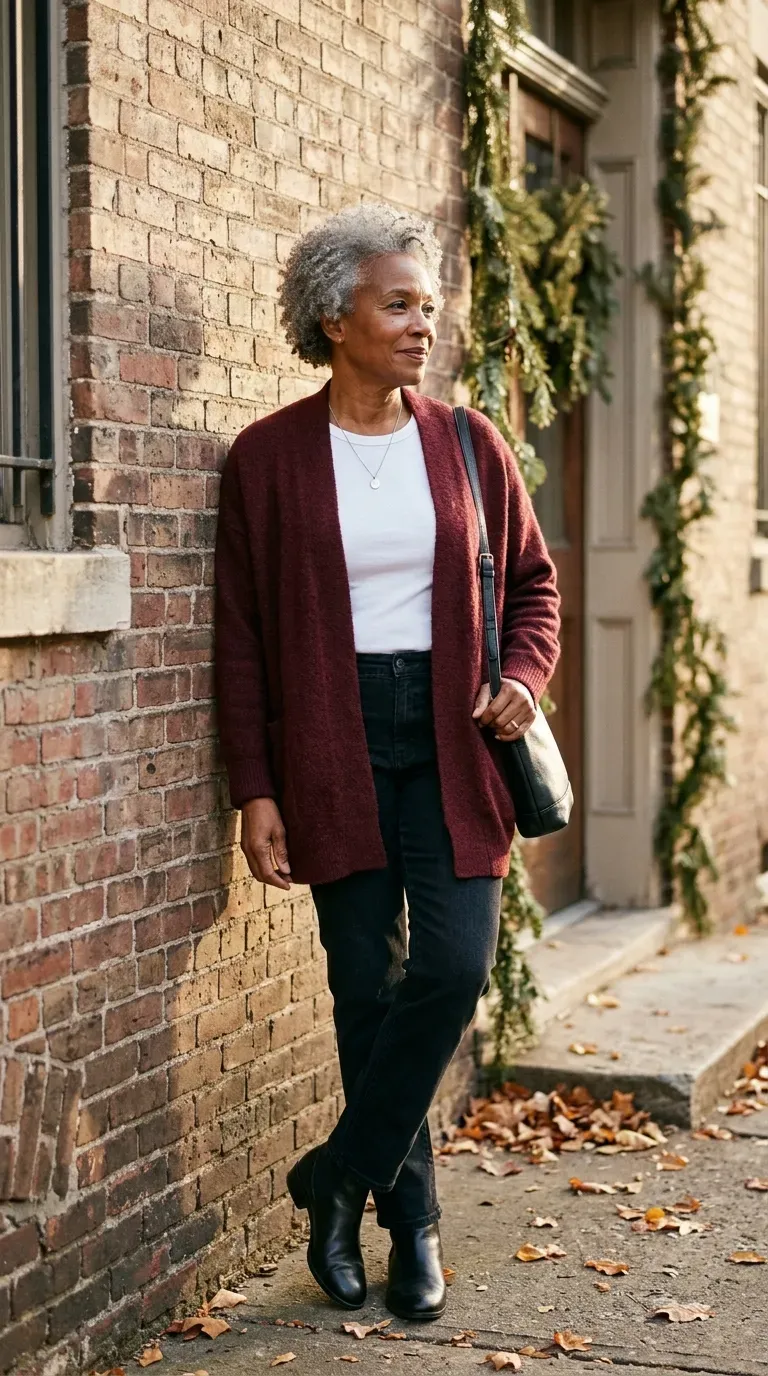 Woman over 50 in burgundy cardigan, white tee and straight jeans leaning on a brick wall
