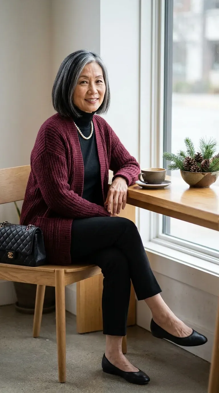 Asian woman in a burgundy chunky cardigan and black slim trousers at a cafe window