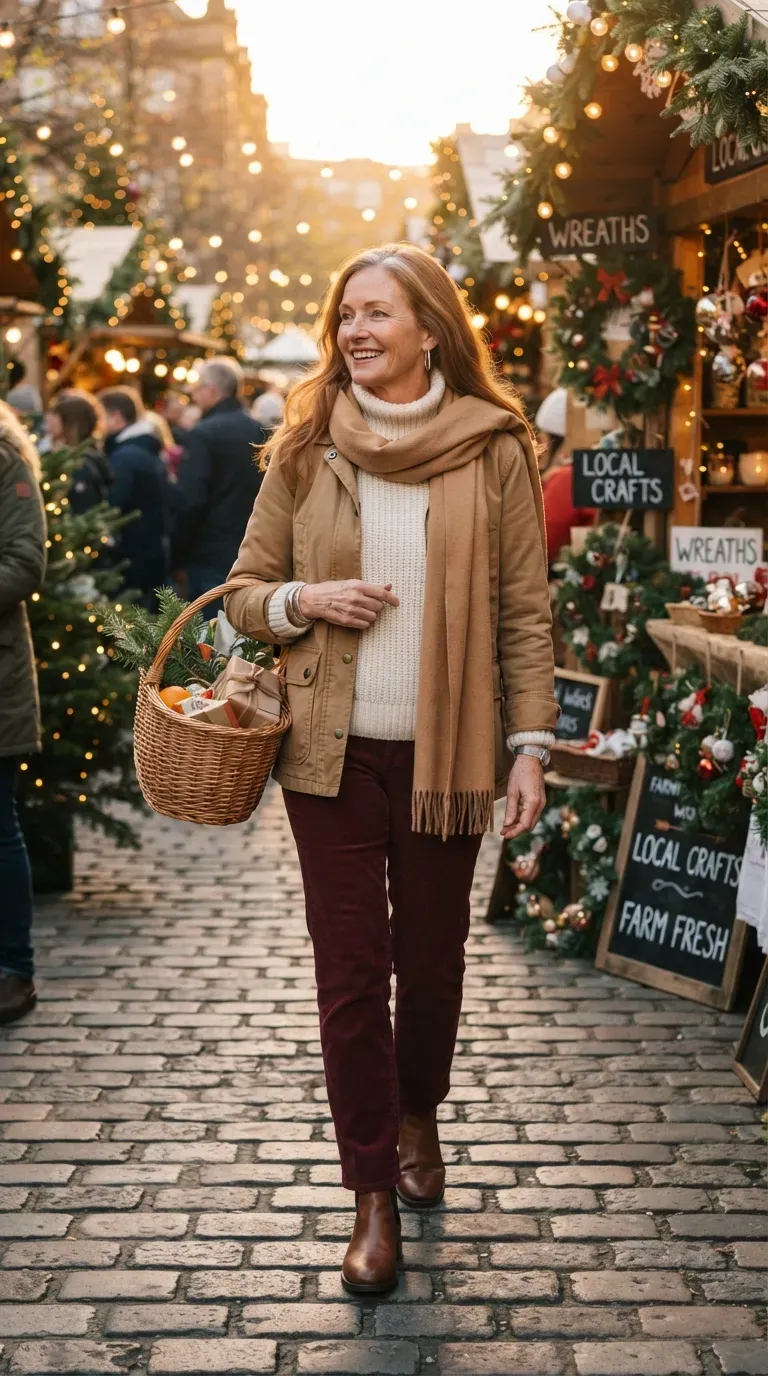 Woman over 50 in burgundy corduroy trousers and cream sweater walking through a farmers market